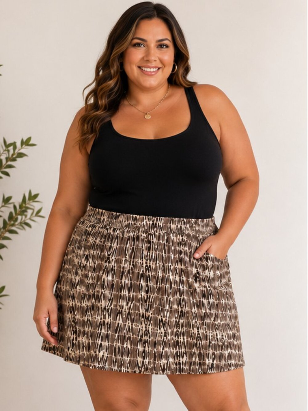 Studio Point Vintage Abstract Animal Print Mini Skirt Brown Cream – Approx. 34"